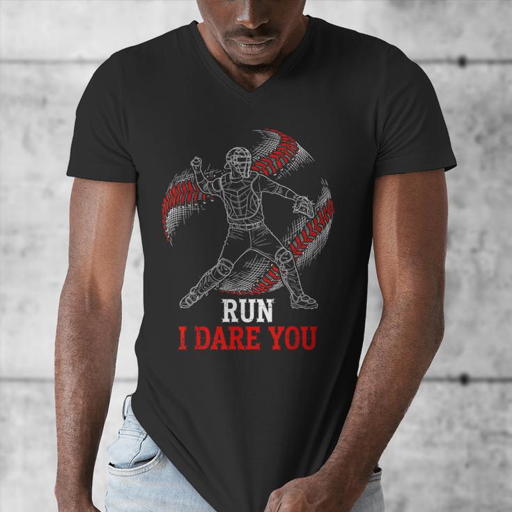 Run I Dare You Baseball Catcher Graphic Players Fans Men's V-Neck T-Shirt Run I Dare You Baseball Catcher Graphic Players Fans Men's V-Neck T-Shirt