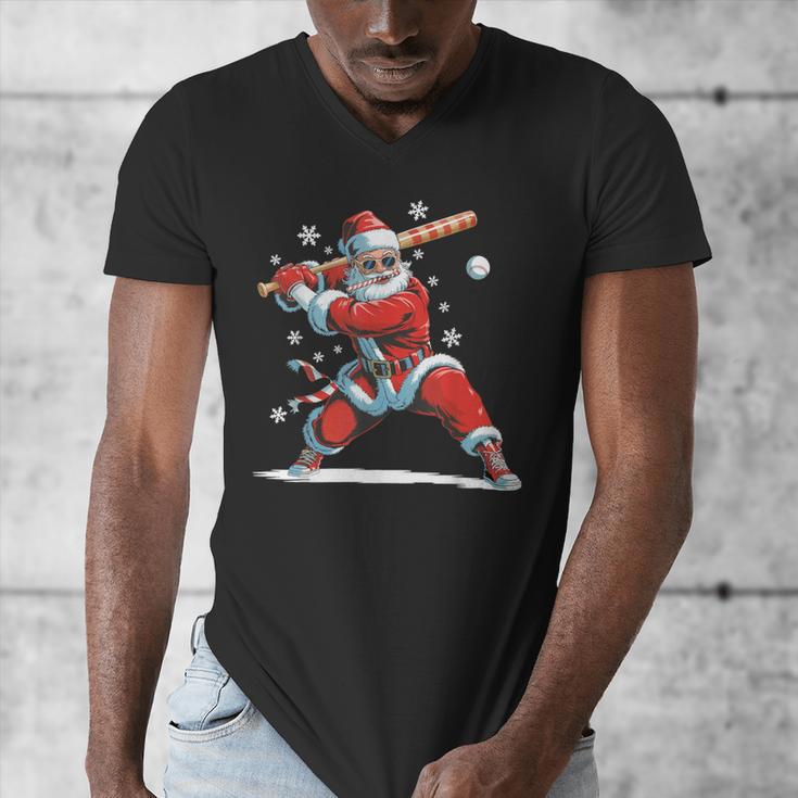 Santa Playing Baseball Christmas Candy Cane Fun Xmas Holiday Men's V-Neck T-Shirt