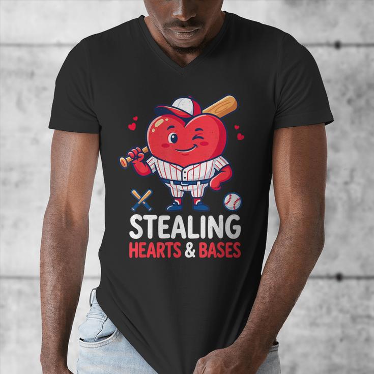 Stealing Hearts And Bases Baseball Player Valentine's Day Men's V-Neck T-Shirt