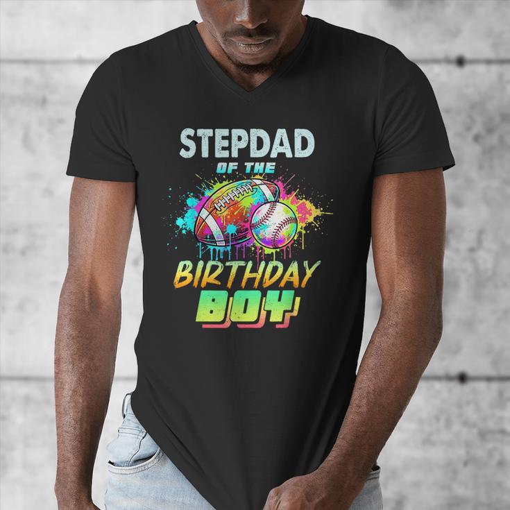 Stepdad Of The Birthday Boy Baseball Football Colorful Men's V-Neck T-Shirt