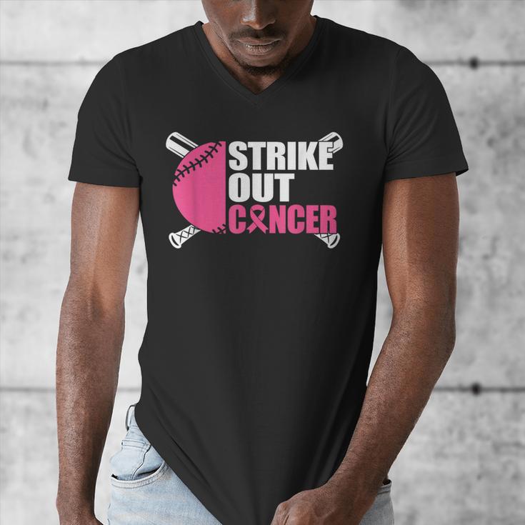 Strike Out Cancer Breast Cancer Awareness Baseball Warrior Men's V-Neck T-Shirt Strike Out Cancer Breast Cancer Awareness Baseball Warrior Men's V-Neck T-Shirt