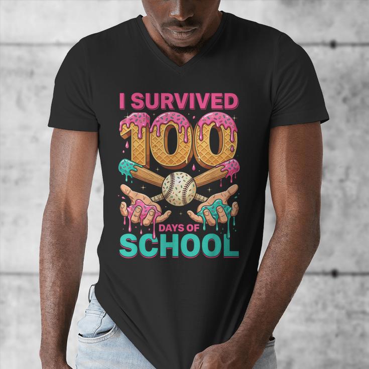 I Survived 100 Days Of School Baseball Ice Cream Drip Men's V-Neck T-Shirt I Survived 100 Days Of School Baseball Ice Cream Drip Men's V-Neck T-Shirt