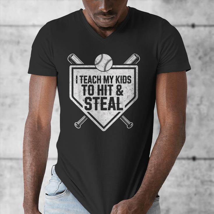 I Teach My Kids To Hit & Steal Baseball Player Coach Dad Tee Men's V-Neck T-Shirt I Teach My Kids To Hit & Steal Baseball Player Coach Dad Tee Men's V-Neck T-Shirt