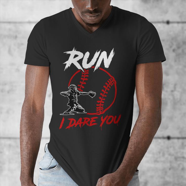 Vintage Baseball Catcher Boys Go Ahead Run I Dare You Men's V-Neck T-Shirt Vintage Baseball Catcher Boys Go Ahead Run I Dare You Men's V-Neck T-Shirt