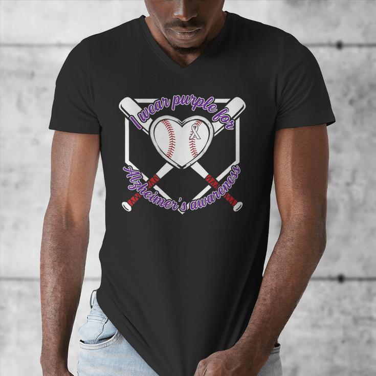 I Wear Purple For Alzheimers Awareness Baseball Heart Ribbon Men's V-Neck T-Shirt