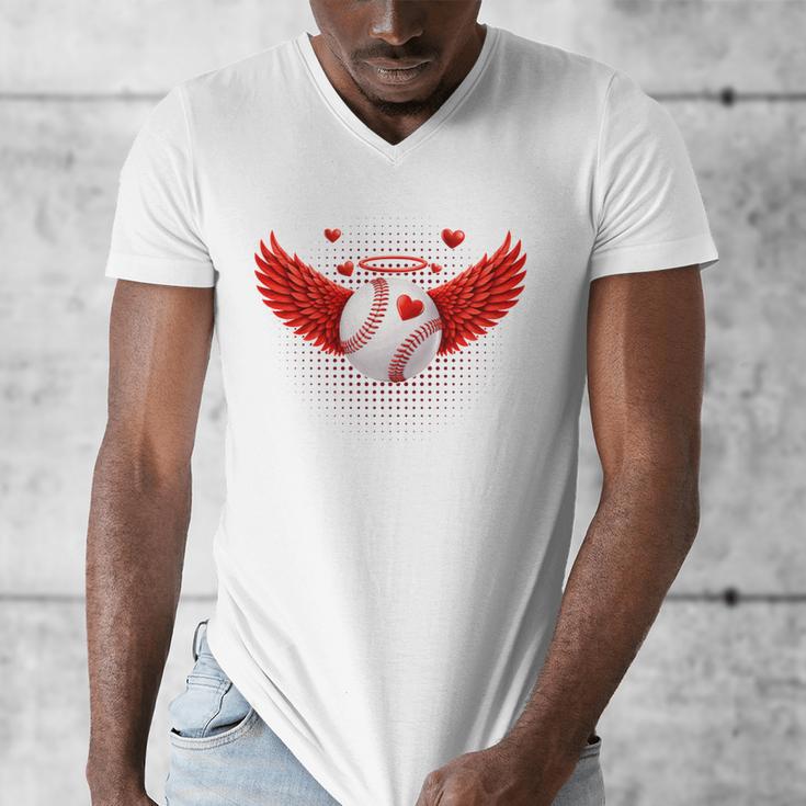 Cute Baseball &Cupid Wings Happy Valentines Boys Men Men's V-Neck T-Shirt