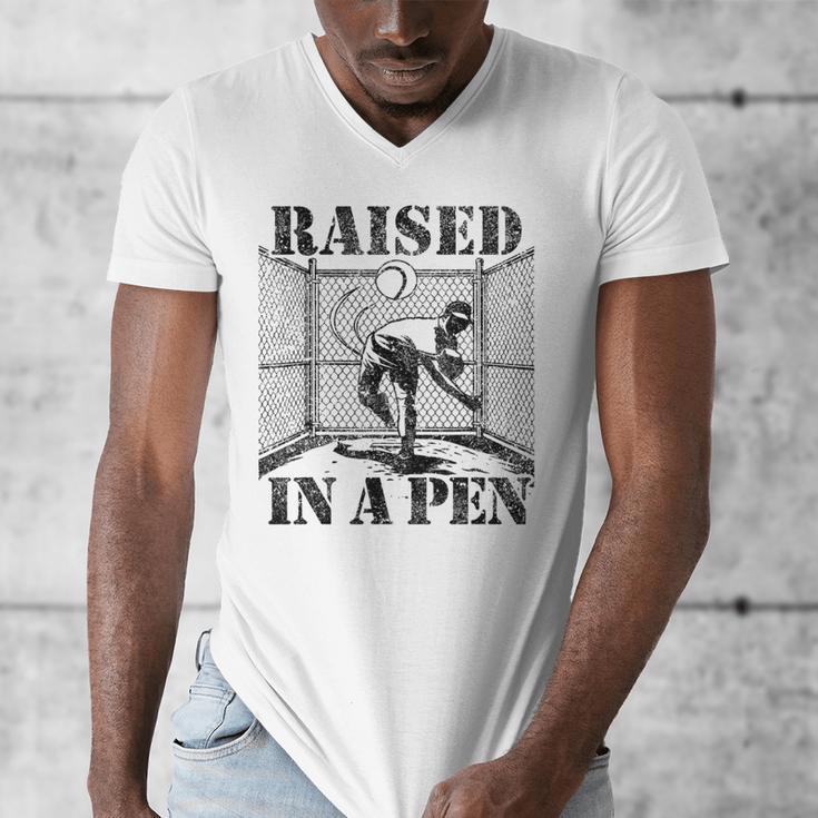 Raised In a Pen Baseball Pitcher Saying Bullpen Men's V-Neck T-Shirt