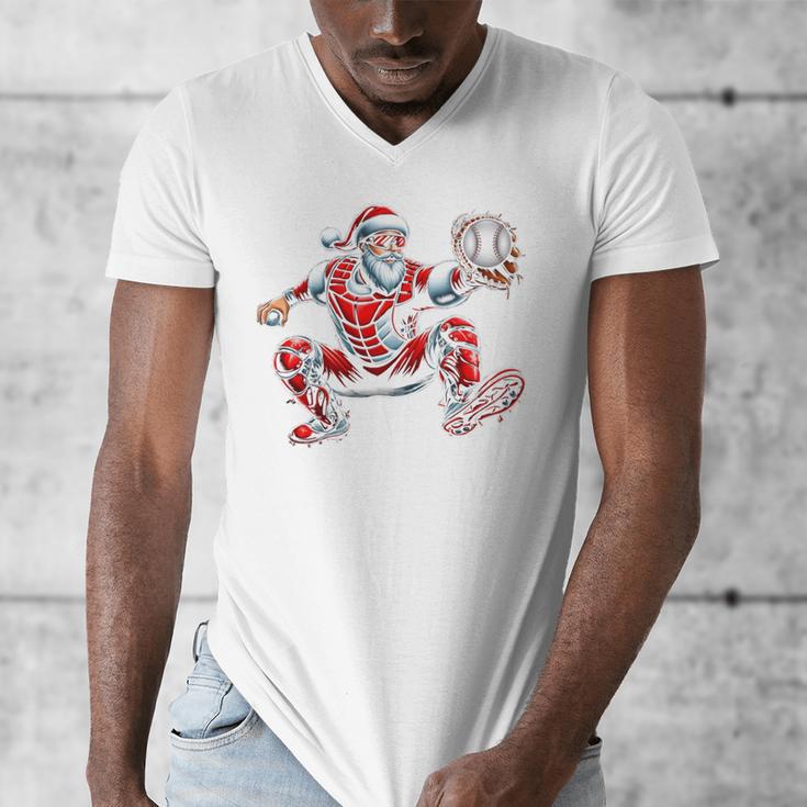 Santa Playing Baseball Catcher Merry Christmas Sport Player Men's V-Neck T-Shirt Santa Playing Baseball Catcher Merry Christmas Sport Player Men's V-Neck T-Shirt