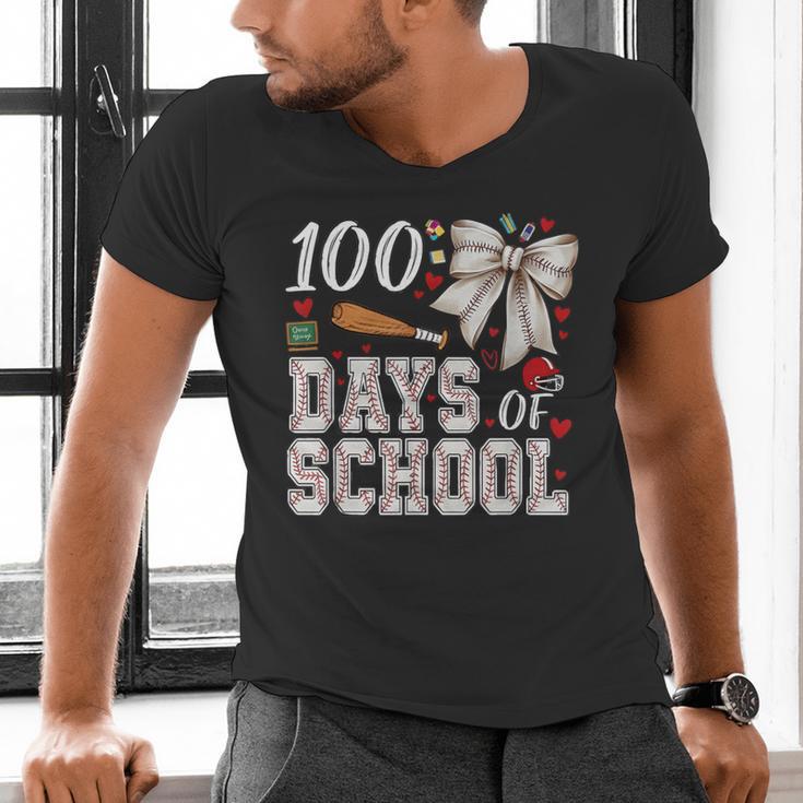 100 Days Of School Baseball 100th Day Of School Coquette Bow Men's V-Neck T-Shirt 100 Days Of School Baseball 100th Day Of School Coquette Bow Men's V-Neck T-Shirt
