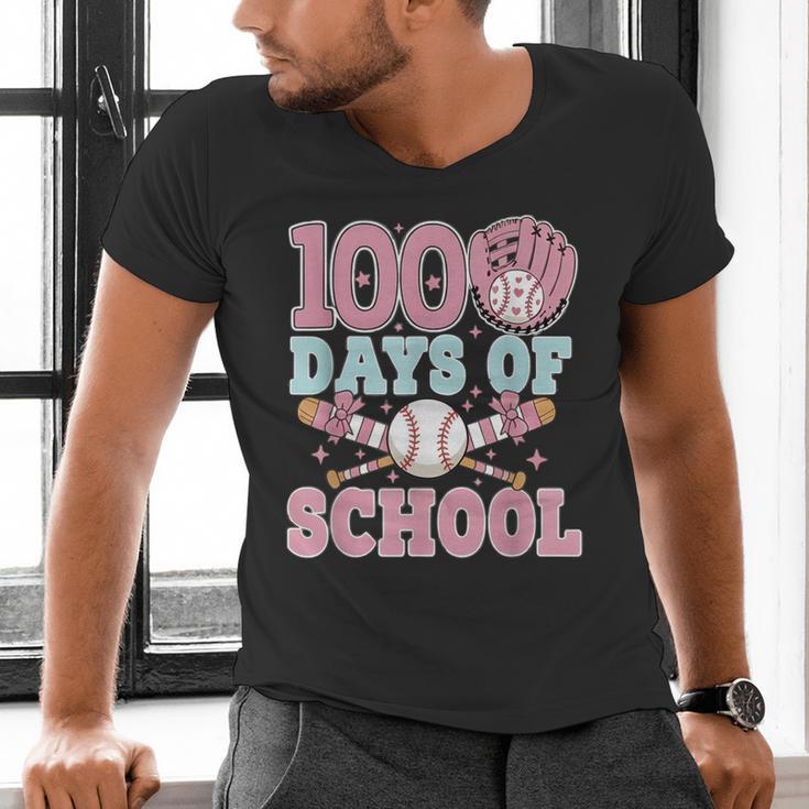 100 Days Of School Baseball 100th Day Of School Girls Men's V-Neck T-Shirt