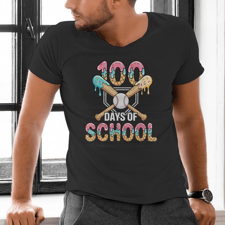 100 Days Of School Baseball 100th Day Of School Men's V-Neck T-Shirt