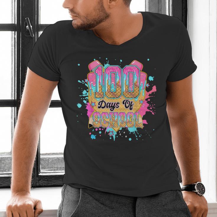 100 Days Of School Baseball Drip Boys Kids 100th Day Men's V-Neck T-Shirt