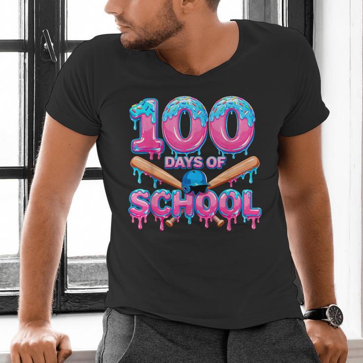 100 Days Of School Baseball Dripping Ice Cream 100th Day Men's V-Neck T-Shirt