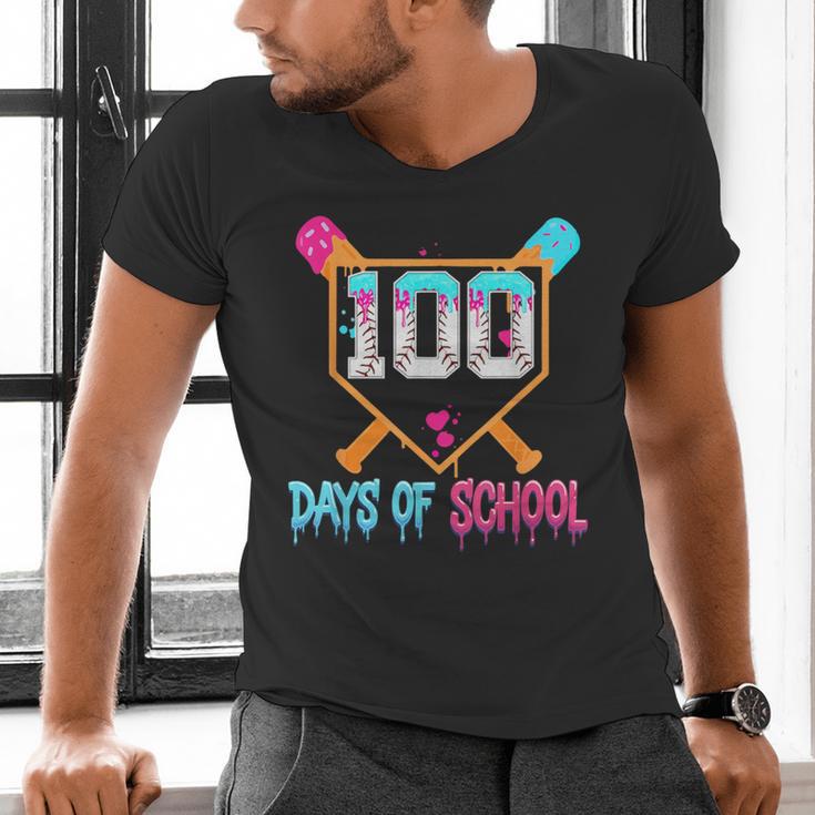 100 Days Of School Baseball Ice Cream Drip 100th Day School Men's V-Neck T-Shirt 100 Days Of School Baseball Ice Cream Drip 100th Day School Men's V-Neck T-Shirt