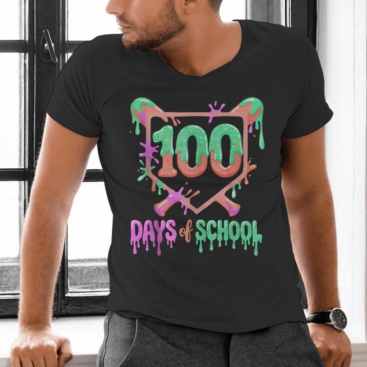 100 Days Of School Baseball Ice Cream Drip 100th Day Player Men's V-Neck T-Shirt 100 Days Of School Baseball Ice Cream Drip 100th Day Player Men's V-Neck T-Shirt