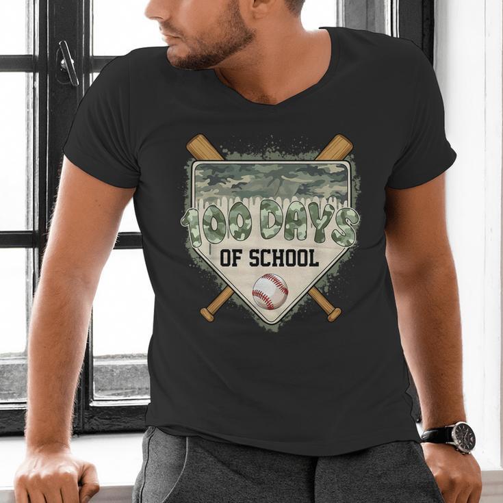 100 Days Of School Home Plate Camo Baseball Dripping Boys Men's V-Neck T-Shirt