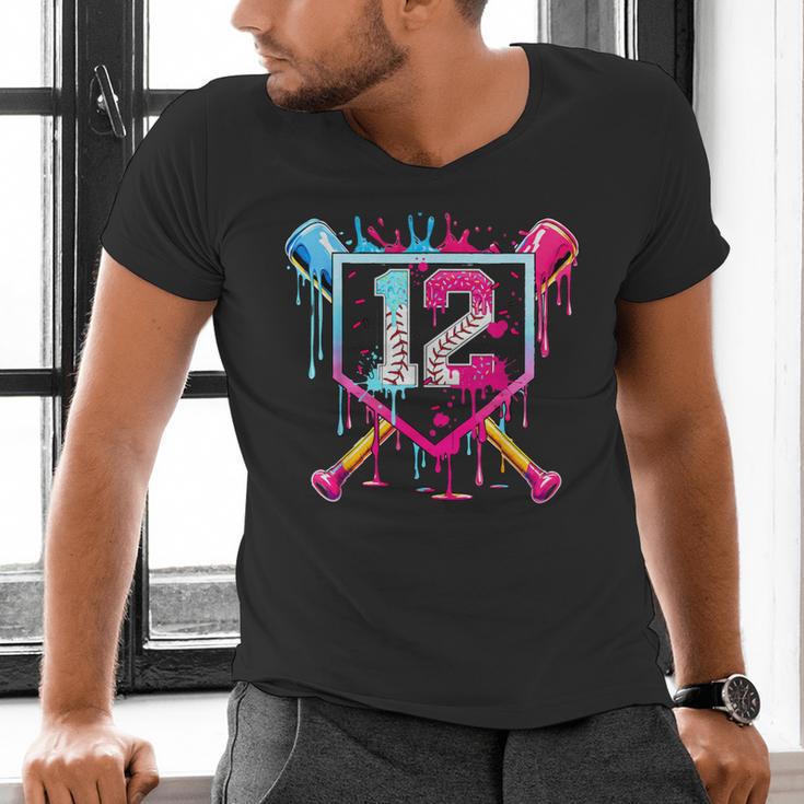 12th Birthday Boys Baseball Ice Cream Drip Boys Baseball Men's V-Neck T-Shirt
