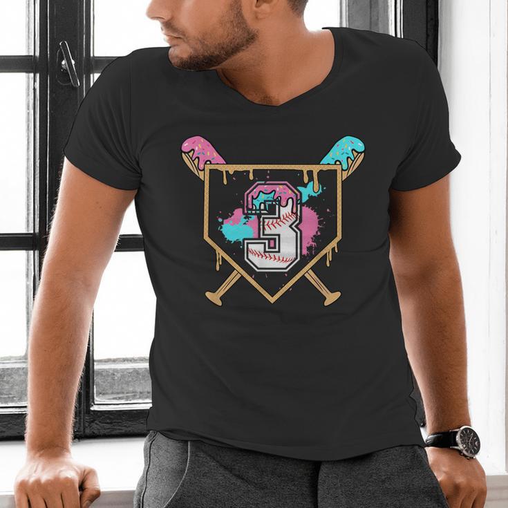 3rd Third Birthday Baseball Bat Ice-Cream Drip 3yrs Old Boys Men's V-Neck T-Shirt