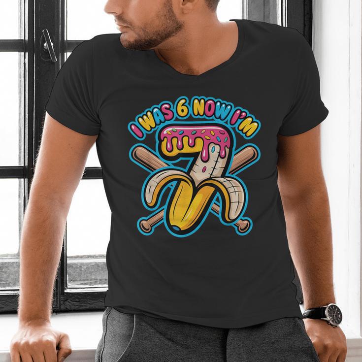 I Was 6 Now I’m 7 Banana Drip Birthday Baseball Men's V-Neck T-Shirt I Was 6 Now I’m 7 Banana Drip Birthday Baseball Men's V-Neck T-Shirt