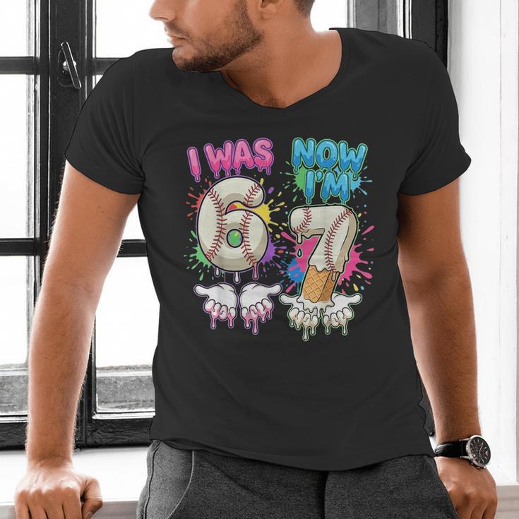 I Was 6 Now I'm 7 Baseball Drip 67 Birthday Boy 7th Birthday Men's V-Neck T-Shirt I Was 6 Now I'm 7 Baseball Drip 67 Birthday Boy 7th Birthday Men's V-Neck T-Shirt