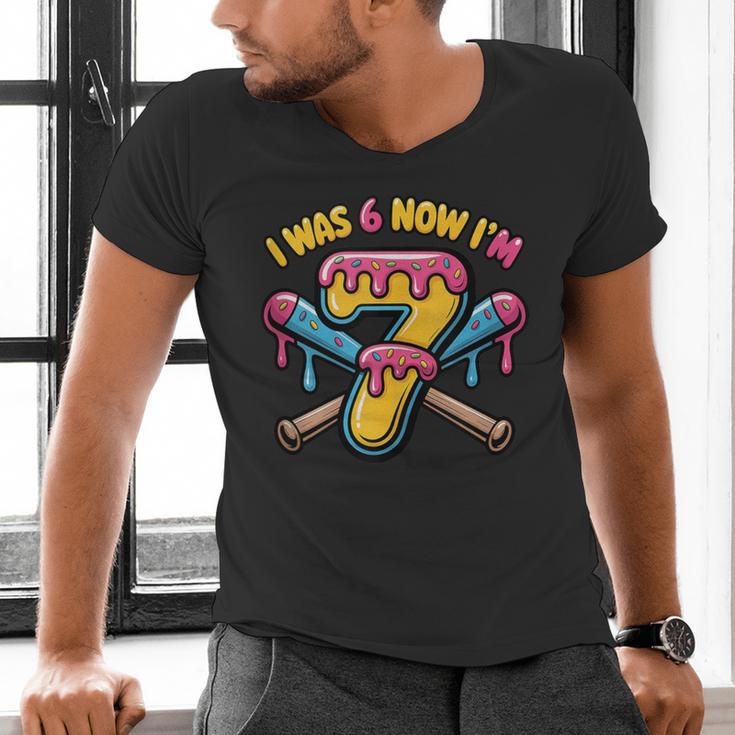 I Was 6 Now I'm 7 Dripping Ice Cream Baseball 67 Drip Men's V-Neck T-Shirt I Was 6 Now I'm 7 Dripping Ice Cream Baseball 67 Drip Men's V-Neck T-Shirt