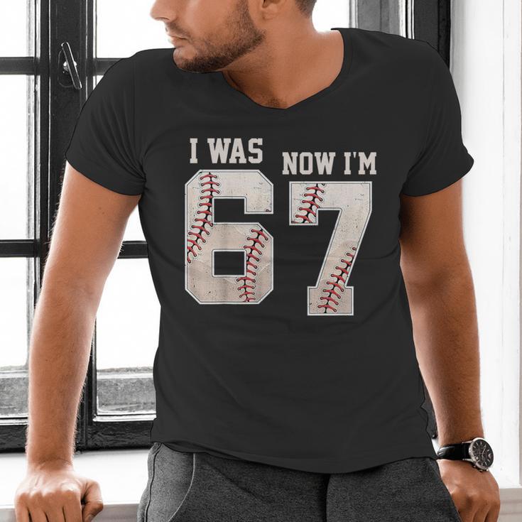 I Was 6 Now I'm 7 Year Old Birthday 67 Meme Baseball Bday Men's V-Neck T-Shirt