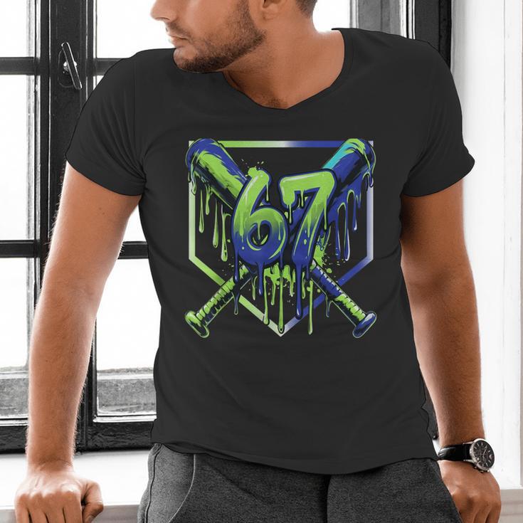 67 Baseball Drip Effect Urban Tee Style 6-7 Meme Graphic Men's V-Neck T-Shirt