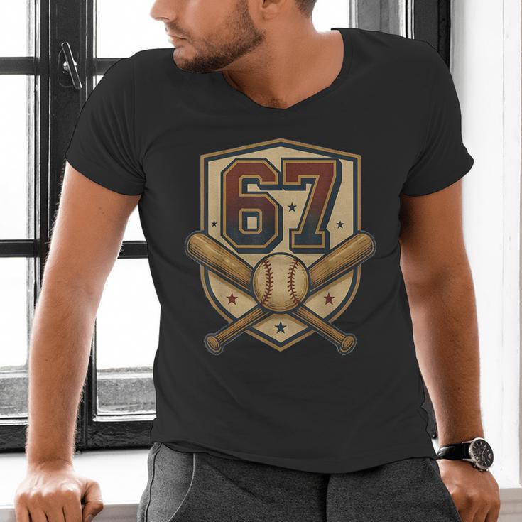 67 Baseball Meme Vintage Sports Crest Retro 67 Player Men's V-Neck T-Shirt