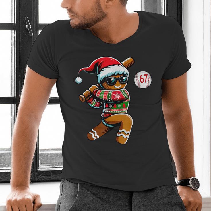 67 Gingerbread Man Playing Baseball Christmas 6 7 Meme Men's V-Neck T-Shirt