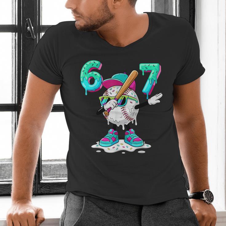 67 Meme Six Seven 6 7 Meme Dab Baseball Ice Cream Drip Men's V-Neck T-Shirt
