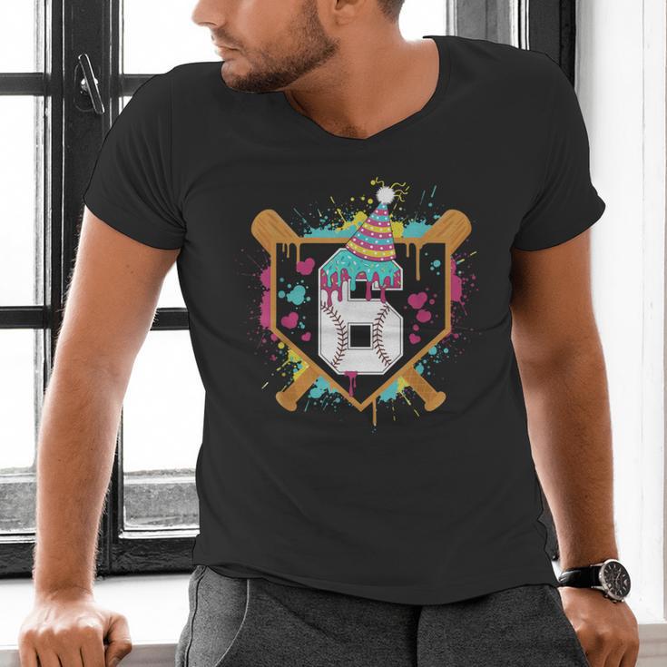 6th Birthday Baseball Drip Number 6 Year Old Birthday Boy Men's V-Neck T-Shirt 6th Birthday Baseball Drip Number 6 Year Old Birthday Boy Men's V-Neck T-Shirt