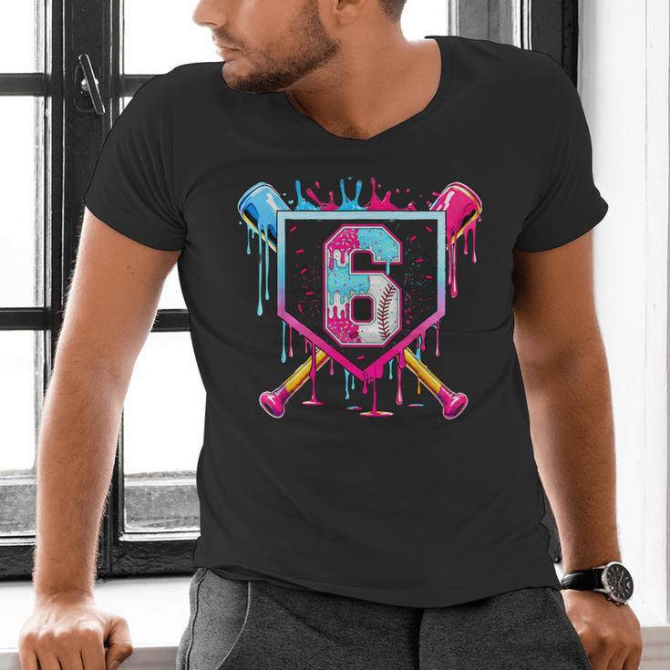 6th Birthday Boys Baseball Ice Cream Drip Boys Baseball Men's V-Neck T-Shirt 6th Birthday Boys Baseball Ice Cream Drip Boys Baseball Men's V-Neck T-Shirt