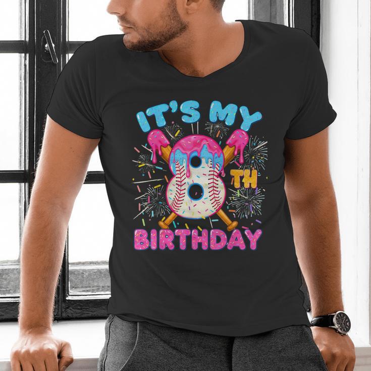 8th Birthday Baseball 8 Year Old Ice Cream Drip Boy Baseball Men's V-Neck T-Shirt