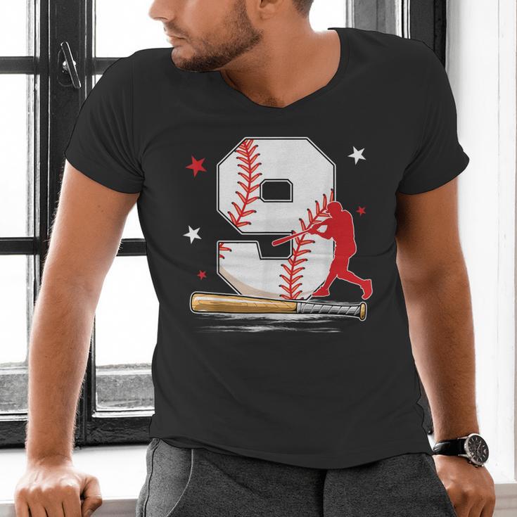 9 Years Old Baseball Birthday Boy 9th Bday Party Men's V-Neck T-Shirt