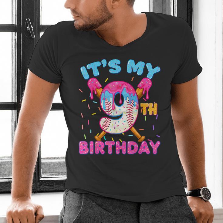 9th Birthday Baseball 9 Year Old Ice Cream Drip Boy Baseball Men's V-Neck T-Shirt 9th Birthday Baseball 9 Year Old Ice Cream Drip Boy Baseball Men's V-Neck T-Shirt