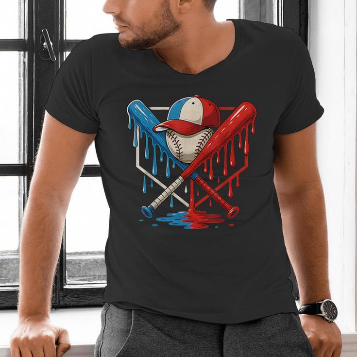 American Baseball Drip Graffiti Ball And Bat Men's V-Neck T-Shirt