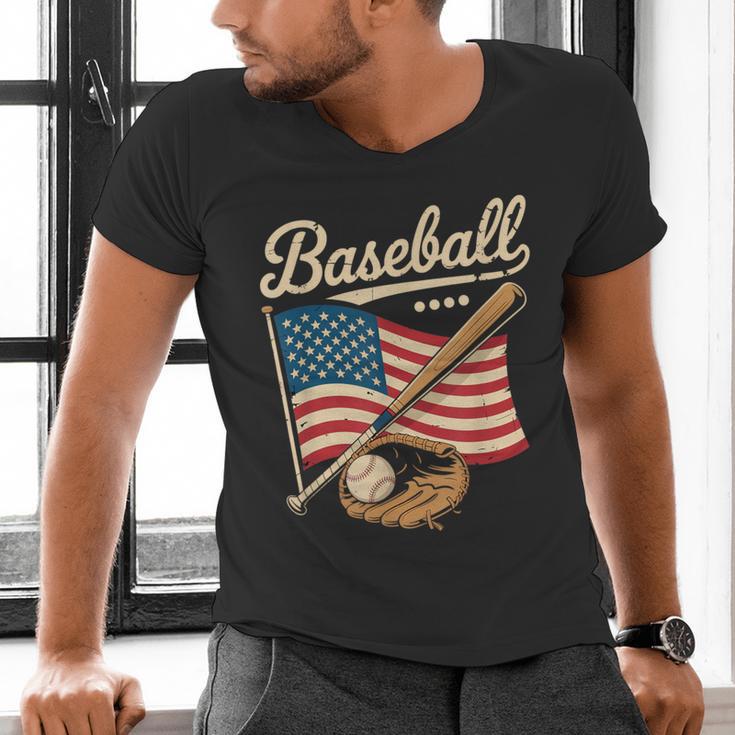 American Flag Baseball Player Bat Fan Catcher Pitcher USA Men's V-Neck T-Shirt