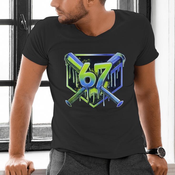 Awesome 67 Baseball Drip Effect Baseball 6-7 Meme Graphic Men's V-Neck T-Shirt Awesome 67 Baseball Drip Effect Baseball 6-7 Meme Graphic Men's V-Neck T-Shirt