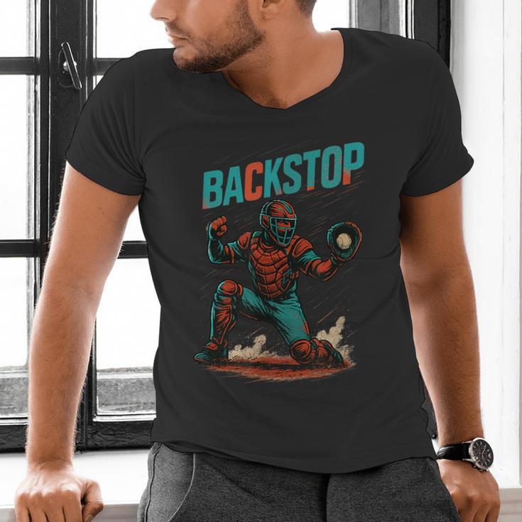 Backstop Catcher Baseball Graphic Men's V-Neck T-Shirt Backstop Catcher Baseball Graphic Men's V-Neck T-Shirt