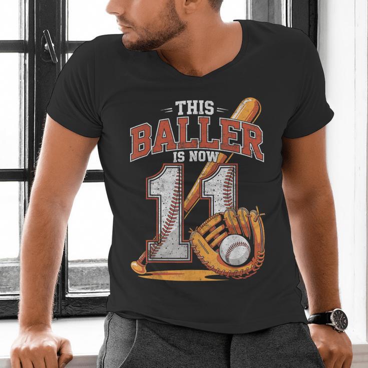 This Baller Is Now 11 Year Baseball Player 11th Birthday Boy Men's V-Neck T-Shirt This Baller Is Now 11 Year Baseball Player 11th Birthday Boy Men's V-Neck T-Shirt