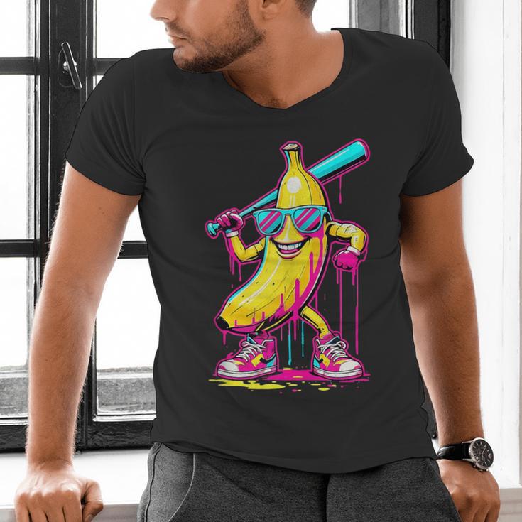 Banana With Baseball Bat Street Baseball Drip Men's V-Neck T-Shirt Banana With Baseball Bat Street Baseball Drip Men's V-Neck T-Shirt