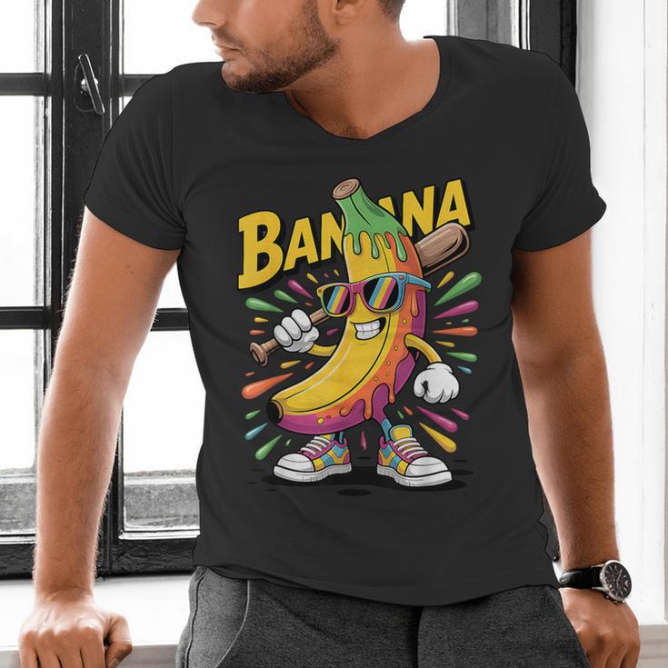 Banana Baseball Cartoon Cool Sports Kids Teens Men's V-Neck T-Shirt