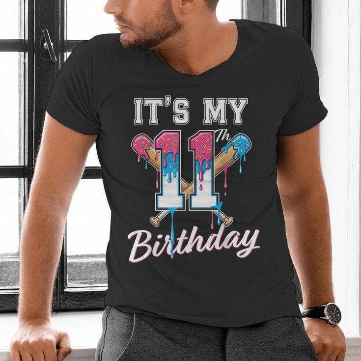 Baseball 11 Year Old Ice Cream Drip 11th Birthday Boys Men's V-Neck T-Shirt
