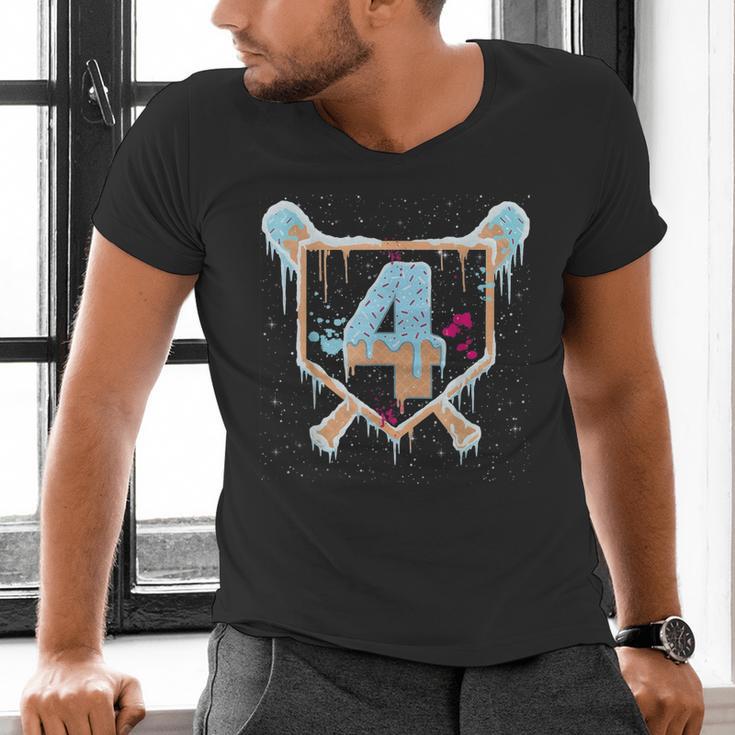 Baseball 4 Year Old Ice Cream Drip 4th Birthday Boy Number 4 Men's V-Neck T-Shirt