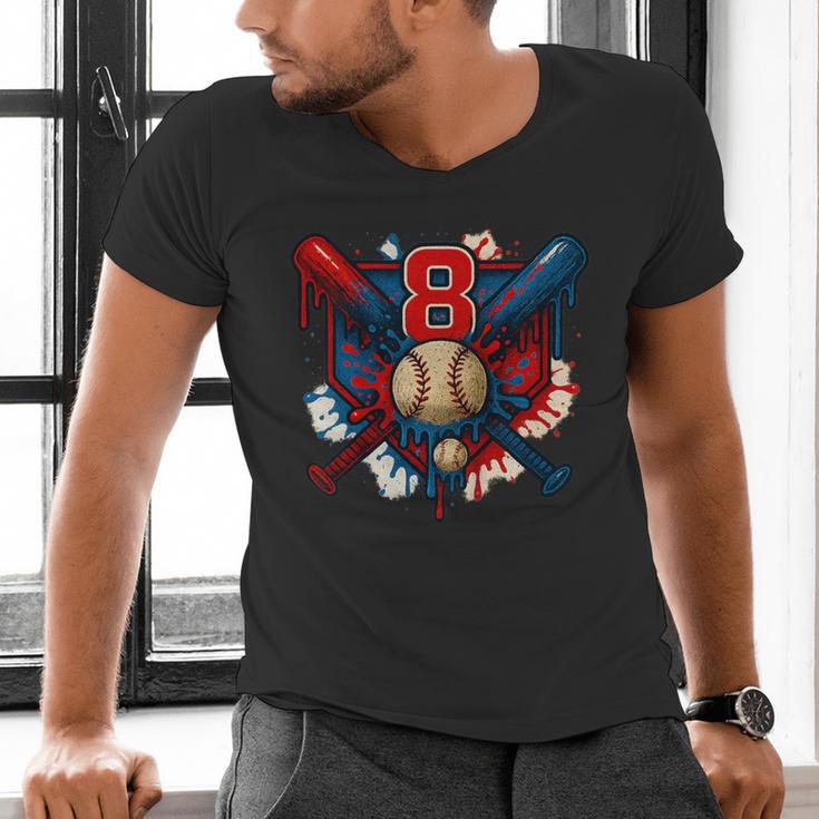 Baseball 8 Year Old Splash Drip 8th Birthday Boy Number 8 Men's V-Neck T-Shirt