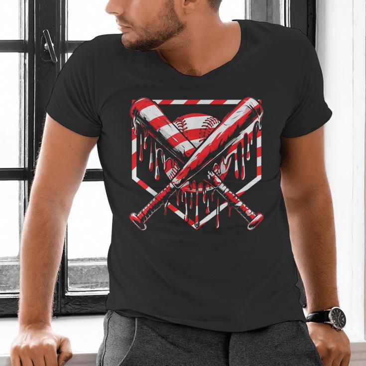 Baseball Candy Cane Christmas Baseball Ice Cream Drip Boys Men's V-Neck T-Shirt Baseball Candy Cane Christmas Baseball Ice Cream Drip Boys Men's V-Neck T-Shirt