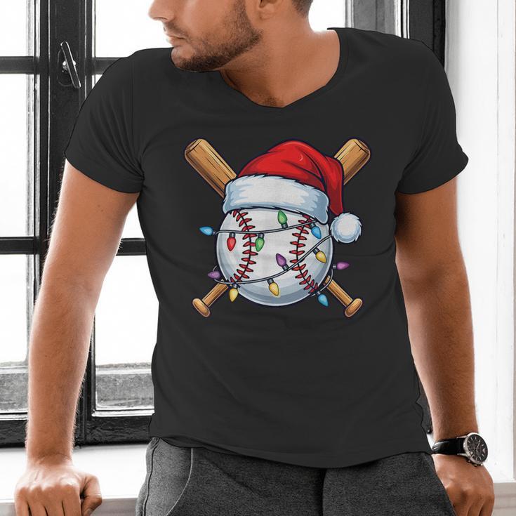 Baseball Christmas Lights Santa Christmas Baseball Player Men's V-Neck T-Shirt Baseball Christmas Lights Santa Christmas Baseball Player Men's V-Neck T-Shirt