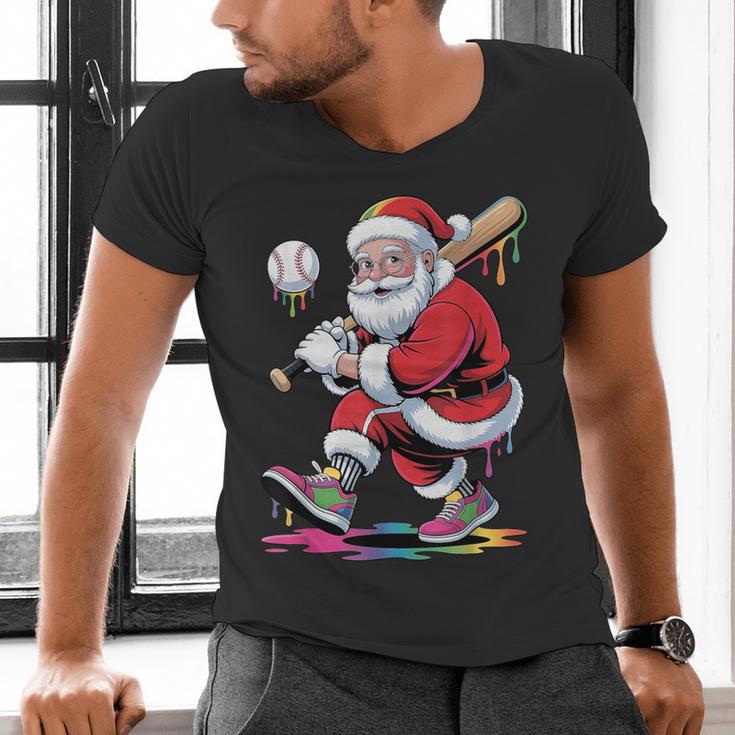 Baseball Christmas Santa Claus Batter Baseball Drip Men's V-Neck T-Shirt