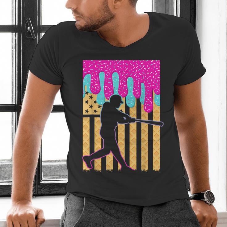 Baseball Drip Bat Boys Ice Cream American Flag 4th Of July Men's V-Neck T-Shirt