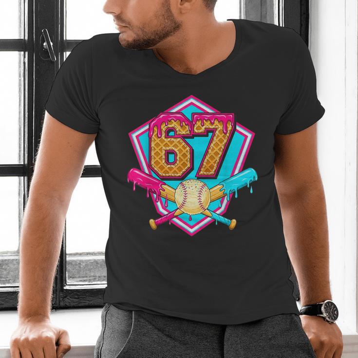 Baseball Drip Jersey Number 67 For Players & 67th Birthday Men's V-Neck T-Shirt